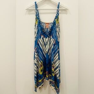 Anthropologie Flying Tomato Blue Floral Trapeze Dress Size Large L Elastic Waist